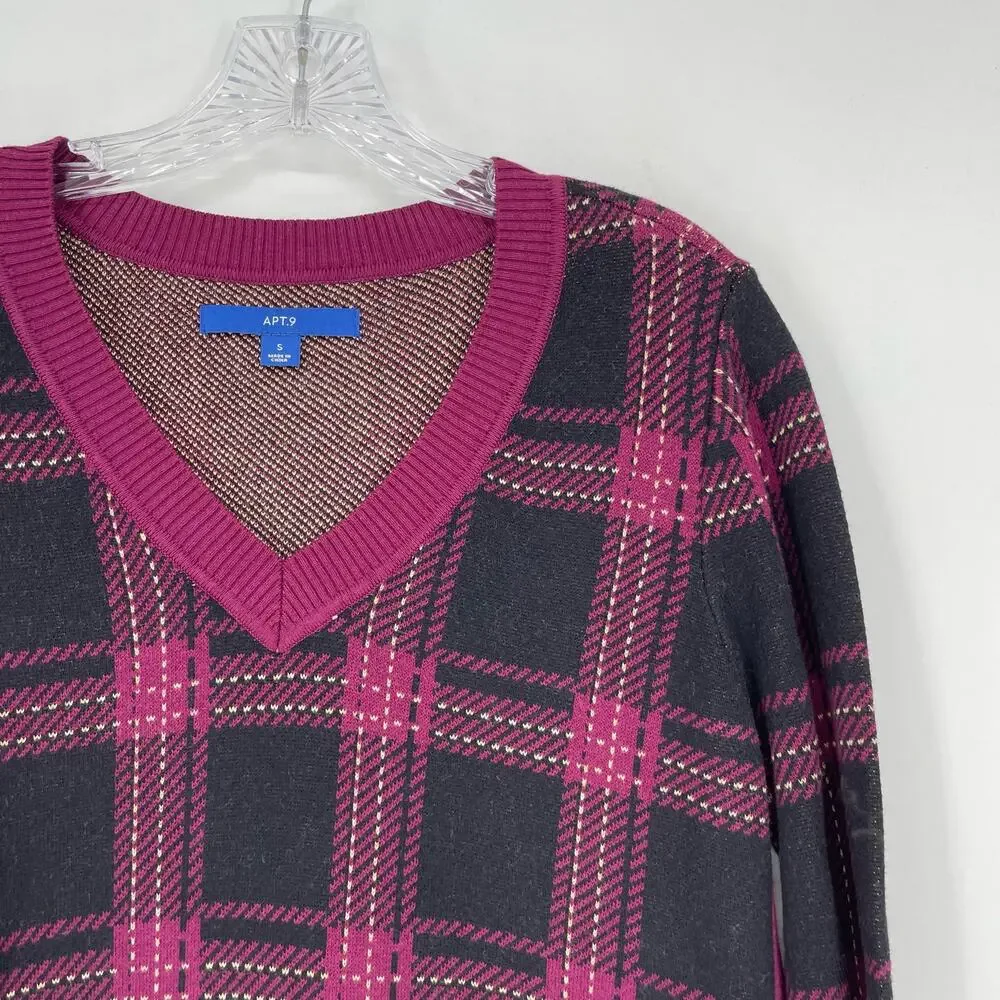 Apt. 9 Purple & Black Plaid V-Neck Sweater Size Small